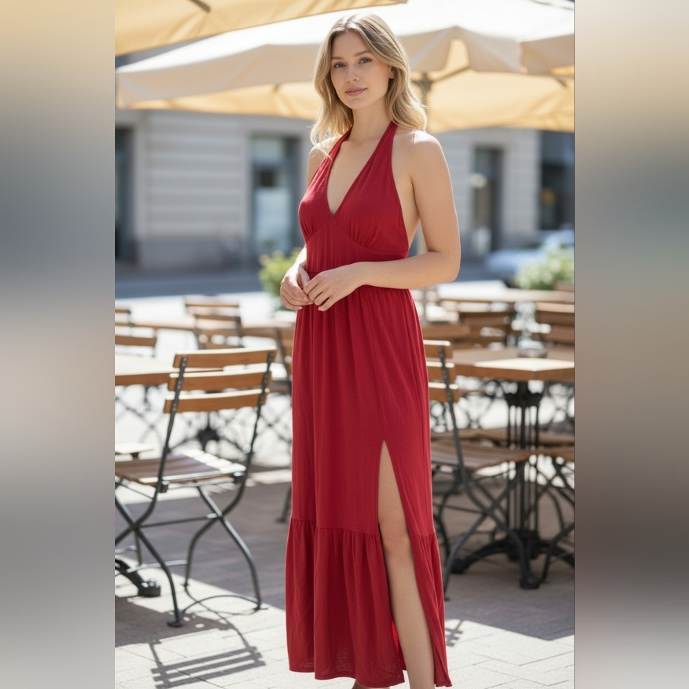 Hollister Red Halter Maxi Dress Petite Large Open Back Side Slit Flowy Vacation